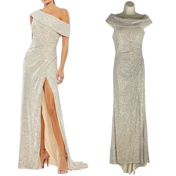 Ieena for Mac Duggal Sequined Drop Shoulder Evening Gown Nude Size 6 - Picture 2 of 14